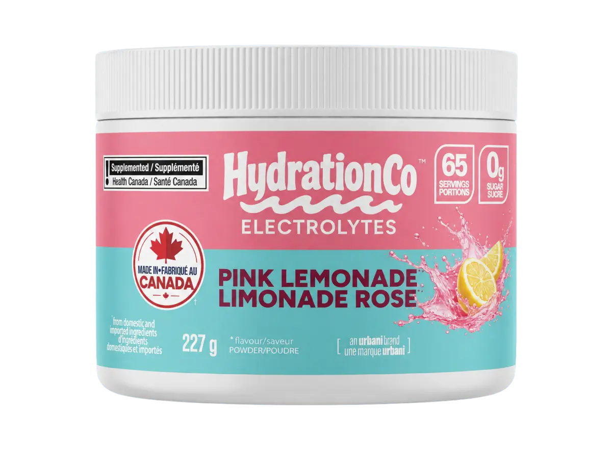 HydrationCo Pink Lemonade electrolyte powder tub
