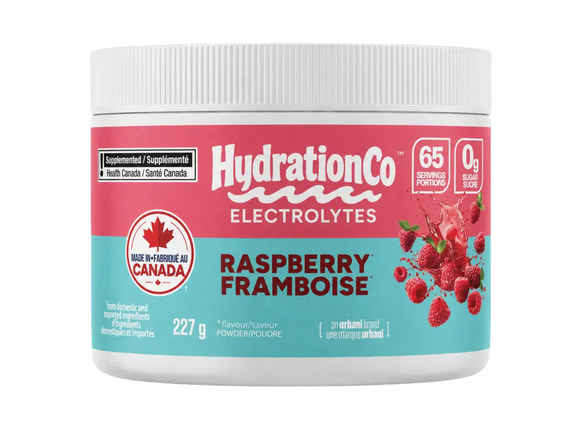 HydrationCo Raspberry electrolyte powder tub